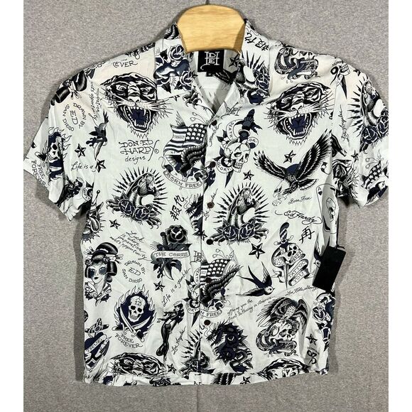 NWT Ed Hardy Button Up Shirt Mens Medium Old‎ School Tattoos - Picture 1 of 7